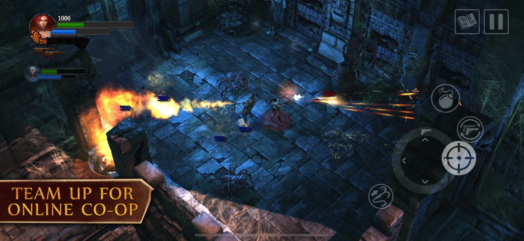 Lara Croft: Guardian of Light - Lara Croft and Totec battling giant spiders in an online co-op gameplay session