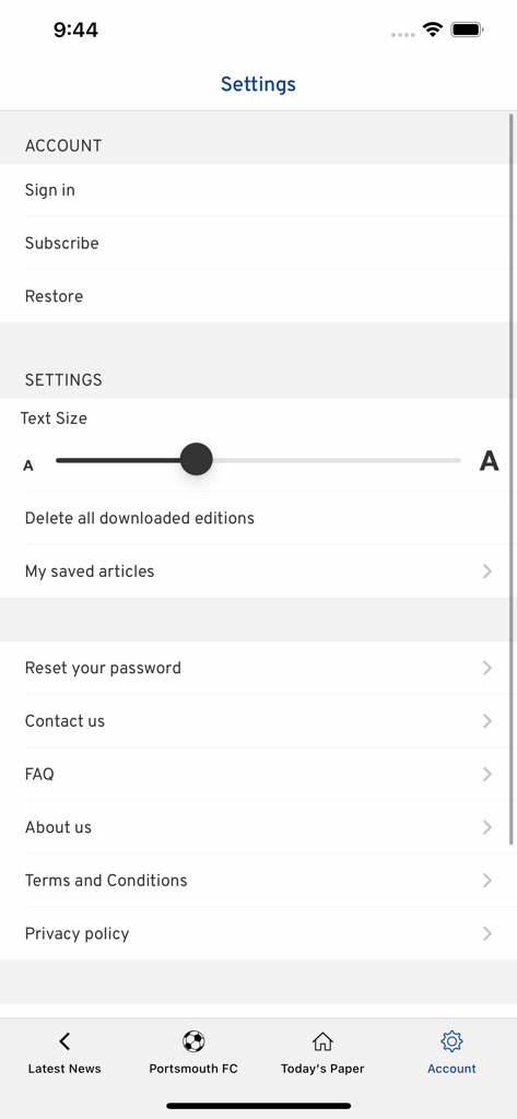The Portsmouth News Newspaper - Settings screen of the Portsmouth News app with account and text size options