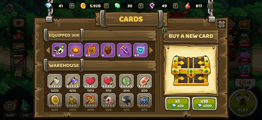 Rush Defense: idle TD - The cards inventory screen in Rush Defense idle TD showing equipped items and a treasure chest shop for new abilities