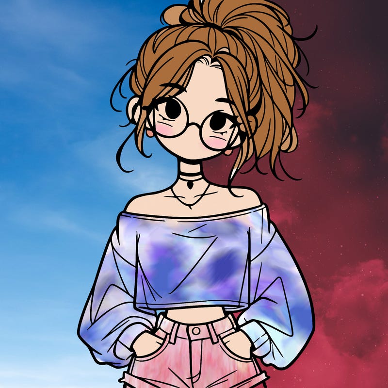 girl with a messy ponytail glasses a baggy crop top and jean shorts