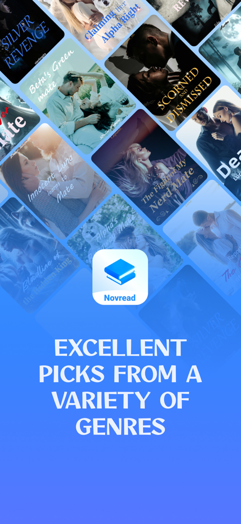 Application mobile NovRead montrant une variété de couvertures de livres de romance et de surnaturel