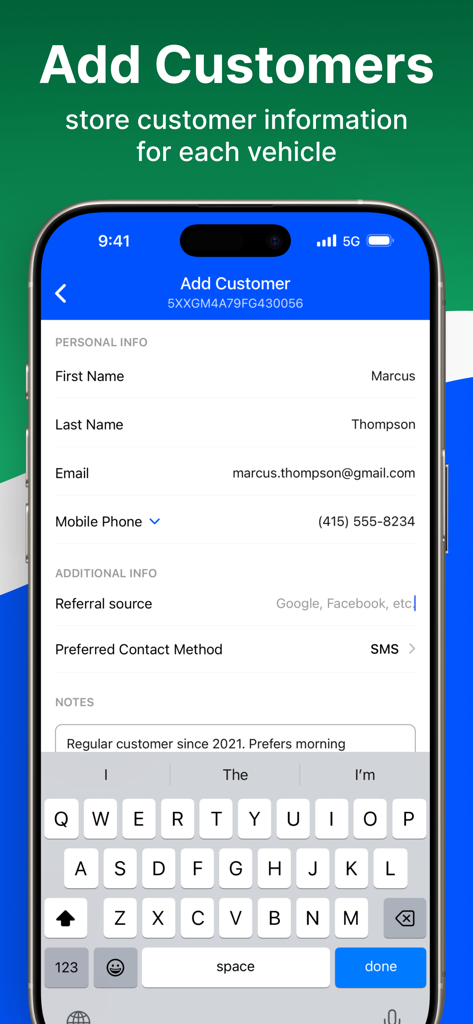 Plate Lookup: VIN Check - Interface for adding customer contact details and notes to a vehicle record in the Plate Lookup app