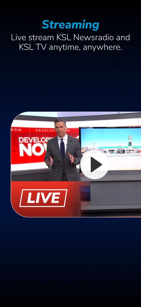 Interfaz de transmisión en vivo de la aplicación KSL News Utah que muestra a un presentador de noticias en un estudio