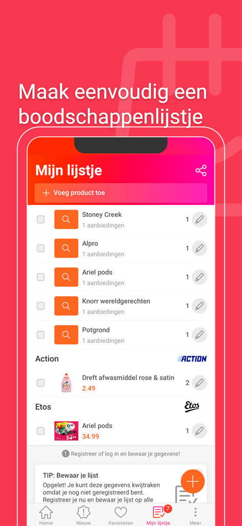 A mobile app screen showing a digital shopping list with various grocery items and store logos