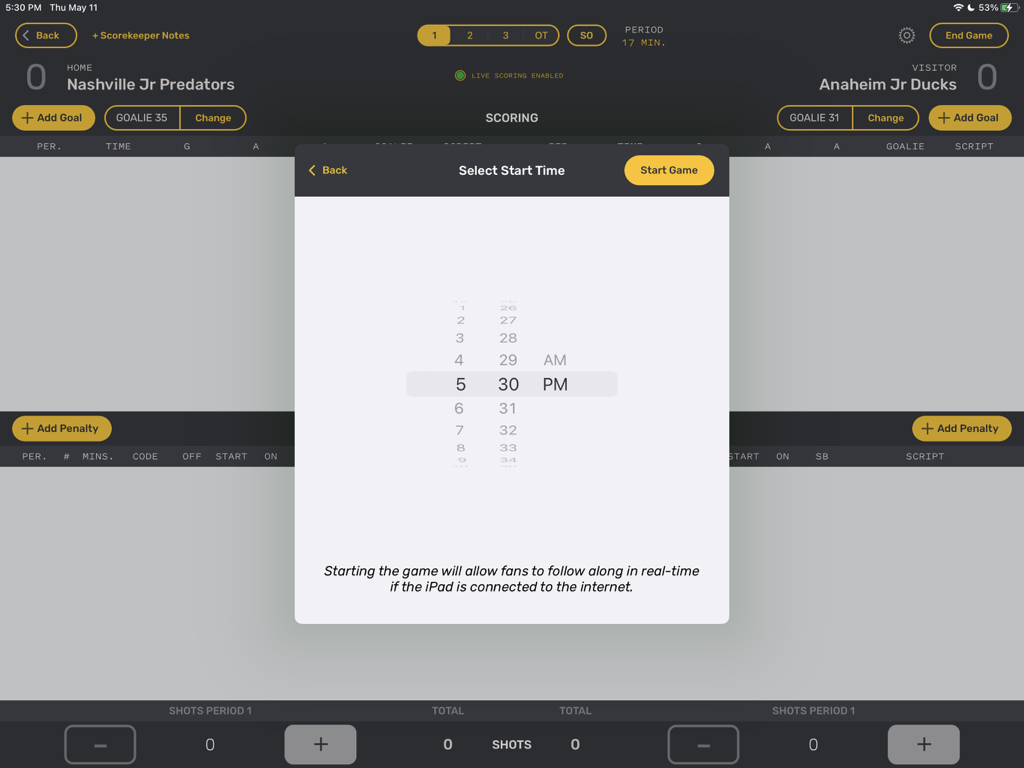 GameSheet App-Oberfläche, die die Auswahl der Startzeit für ein Eishockeyspiel auf einem iPad zeigt