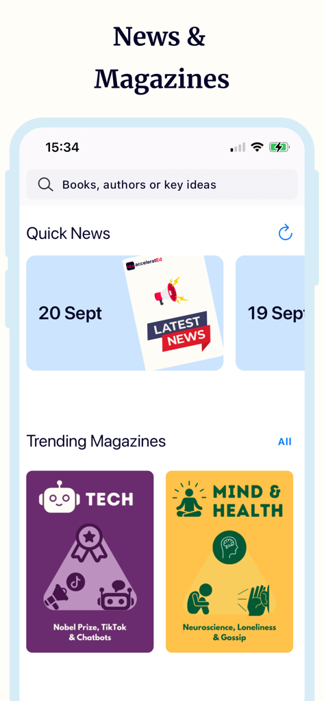 Book Summaries: Accelerated - Interface of the Book Summaries Accelerated app showing quick news and trending magazines in tech and health categories