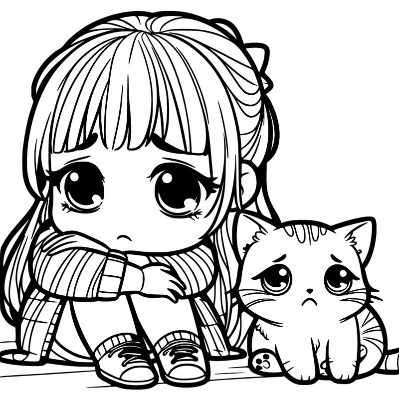 sad girl and sad cat