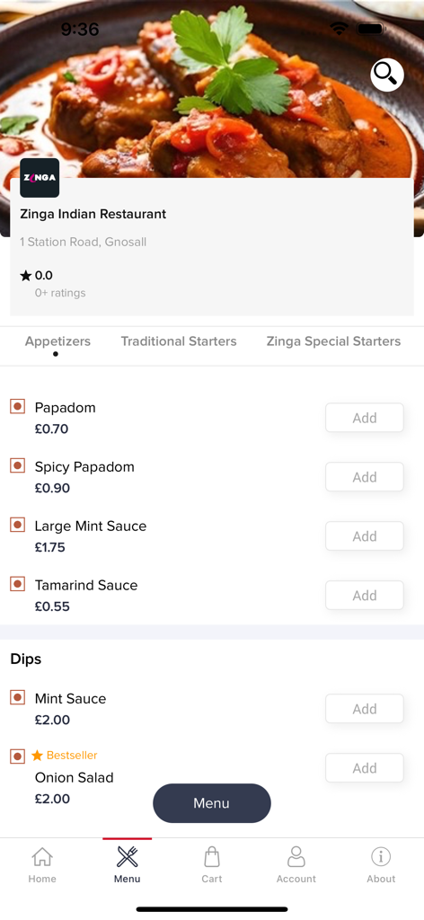 Écran du menu de l'application Zinga Indian Restaurant montrant les amuse-gueules et les trempettes pour la commande en ligne