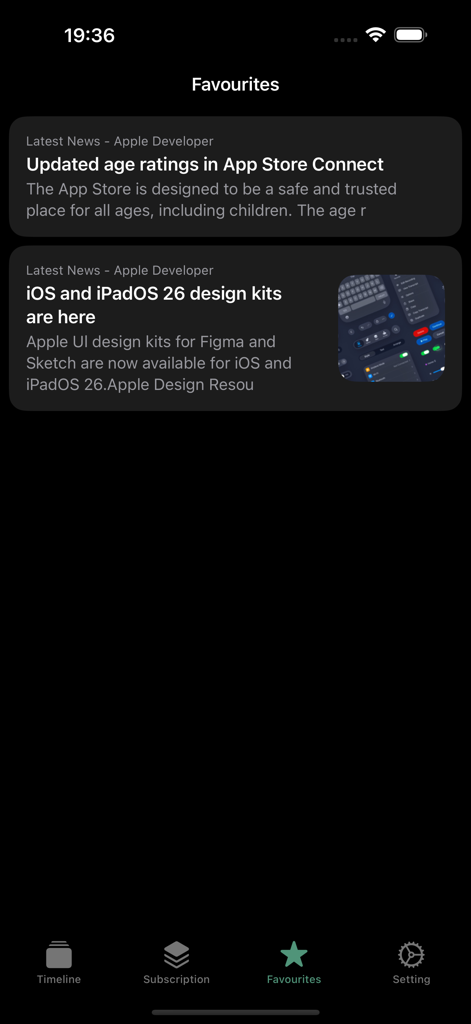 MineRSS - Minimal RSS reader - Interface do aplicativo MineRSS mostrando artigos salvos na aba de favoritos com tema escuro