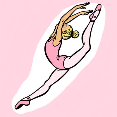 gymnast doing a leap in a leotard with a bent back leg