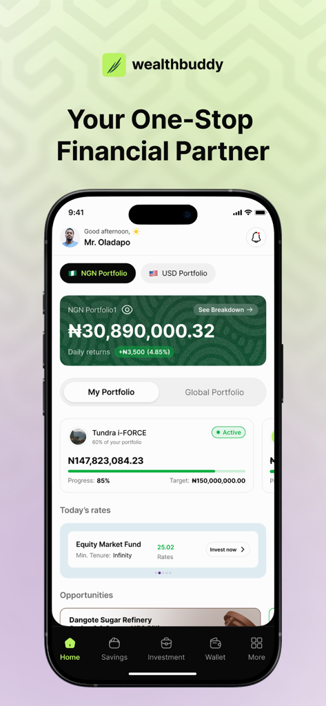 WealthBuddy - WealthBuddy mobile app dashboard displaying Nigerian Naira portfolio and investment tracking