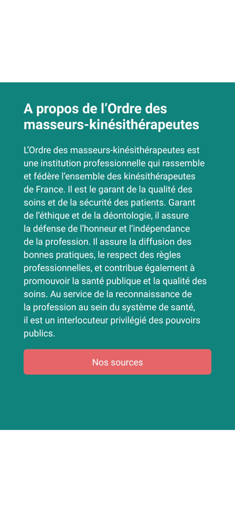 Information screen about the French National Council of Physiotherapists within the Mon appli Kine mobile app