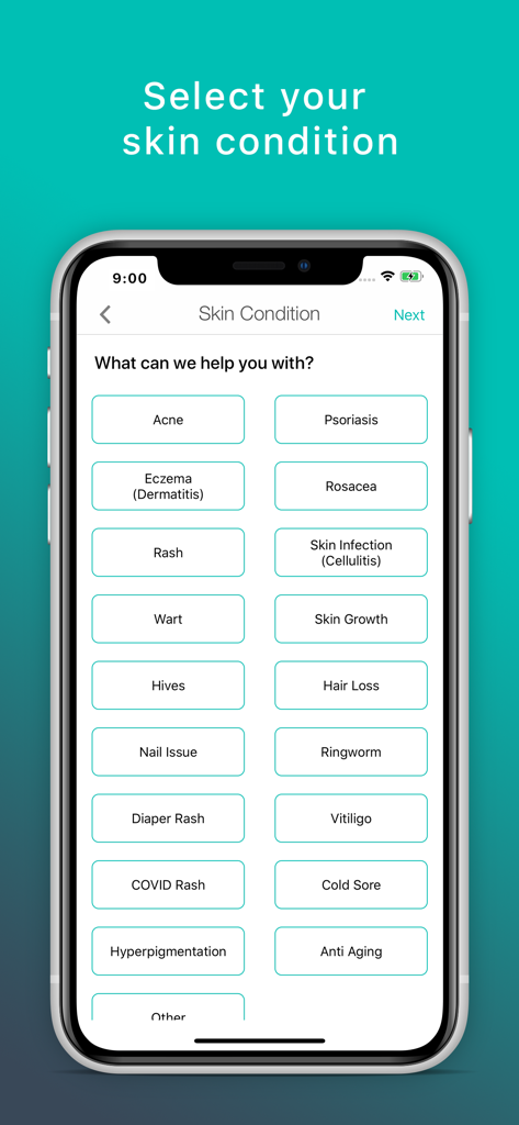 Skin App - Online Dermatology - Auswahlbildschirm für gängige Hauterkrankungen auf der Online-Dermatologie-Plattform der Haut-App