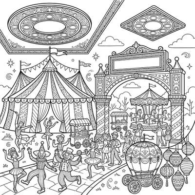 Dive into the festive spirit with this unique coloring page, blending the high energy of a carnival with sophisticated recessed lighting designs. Discover a world of detailed patterns and cheerful characters awaiting your creative touch.
