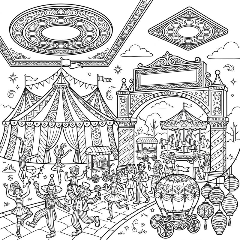 Dive into the festive spirit with this unique coloring page, blending the high energy of a carnival with sophisticated recessed lighting designs. Discover a world of detailed patterns and cheerful characters awaiting your creative touch.