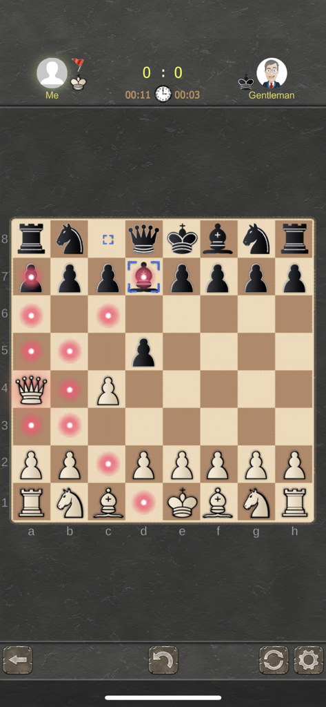 Chess Origins - 2 Players - Mobile chess game interface showing a match against an AI character with highlighted move suggestions