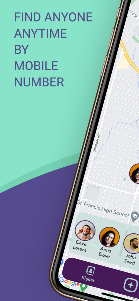 Cell Phone Location Tracker + - 電話番号で連絡先の位置情報を地図上に表示する位置情報追跡を示すモバイルアプリのインターフェース
