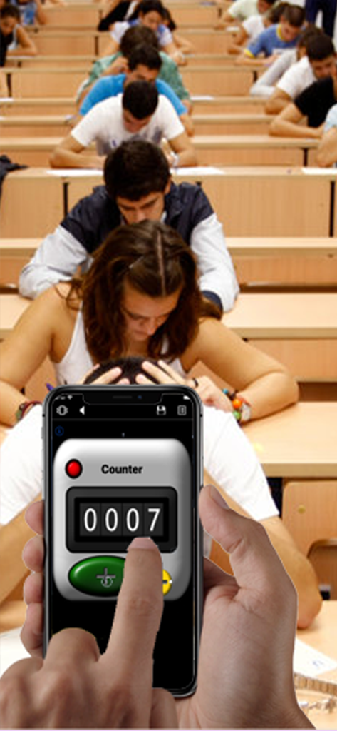 Counter+. - Une personne utilisant l'application Counter Plus sur un iPhone pour compter les élèves dans une salle de classe