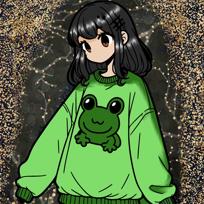 girl wearing frogging sweatshirt