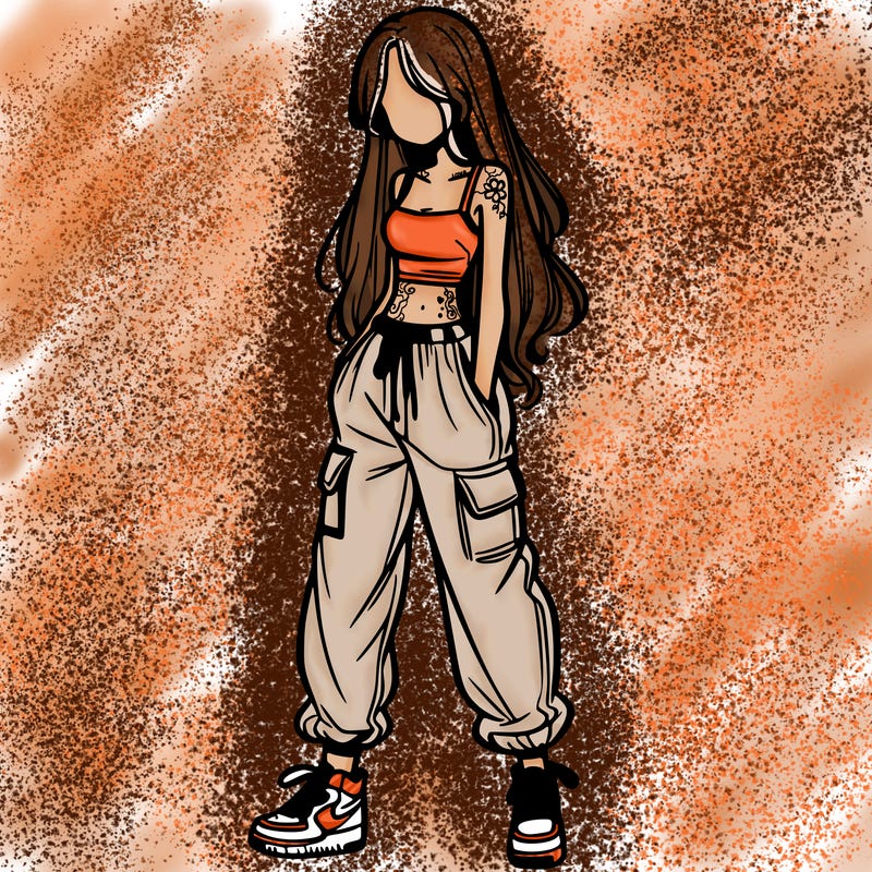 girl in baggy pants crop top and long hair