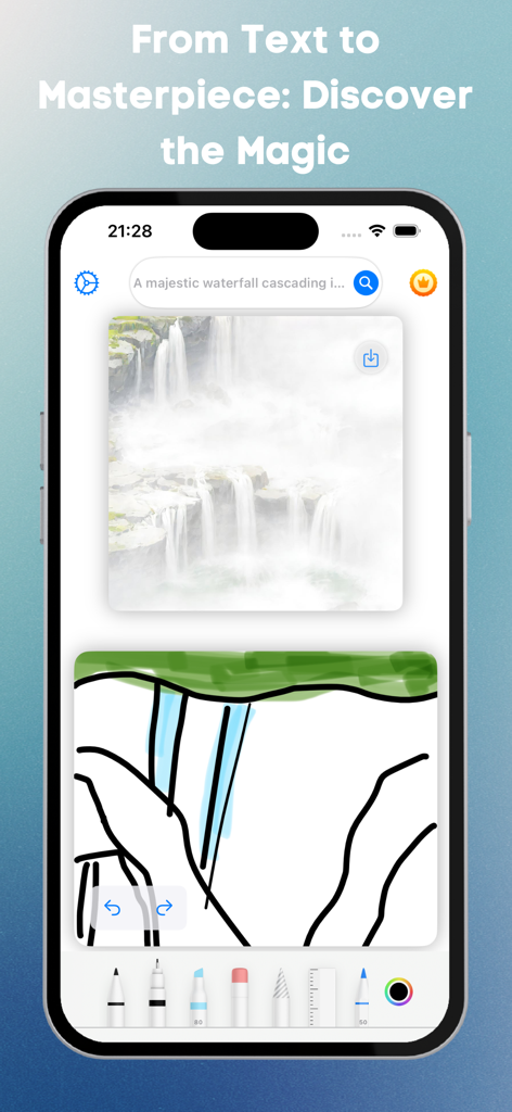Shake Brush & AI Painting - La pantalla de un smartphone que muestra la aplicación Shake Brush convirtiendo una indicación de texto de una cascada en una imagen realista y un boceto digital con herramientas de dibujo.
