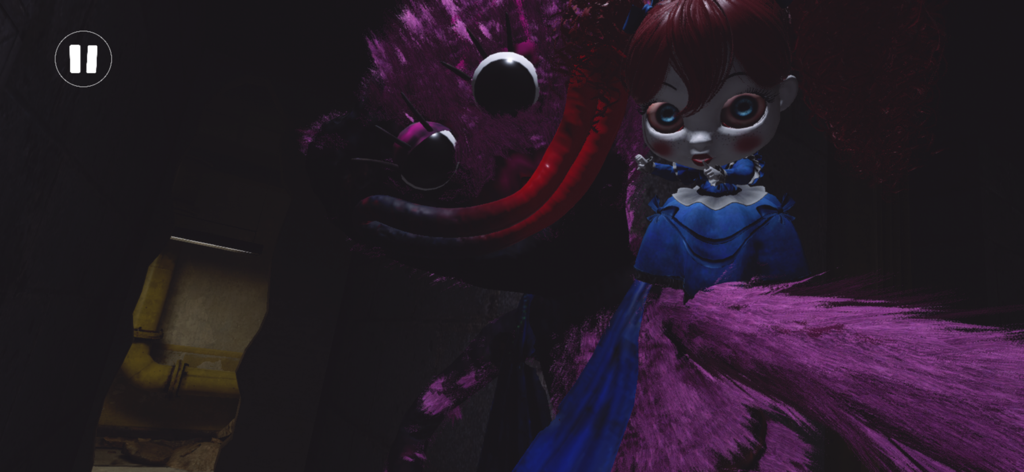 Poppy Playtime Chapter 4 - A creepy purple monster with a long tongue standing behind a doll in a dark industrial setting