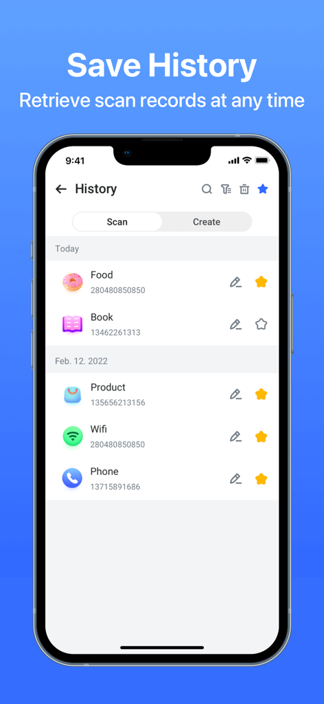Interfaccia dell'app QR Explore che mostra un elenco della cronologia delle scansioni salvate, categorizzate per cibo, libro, prodotto, wifi e telefono.
