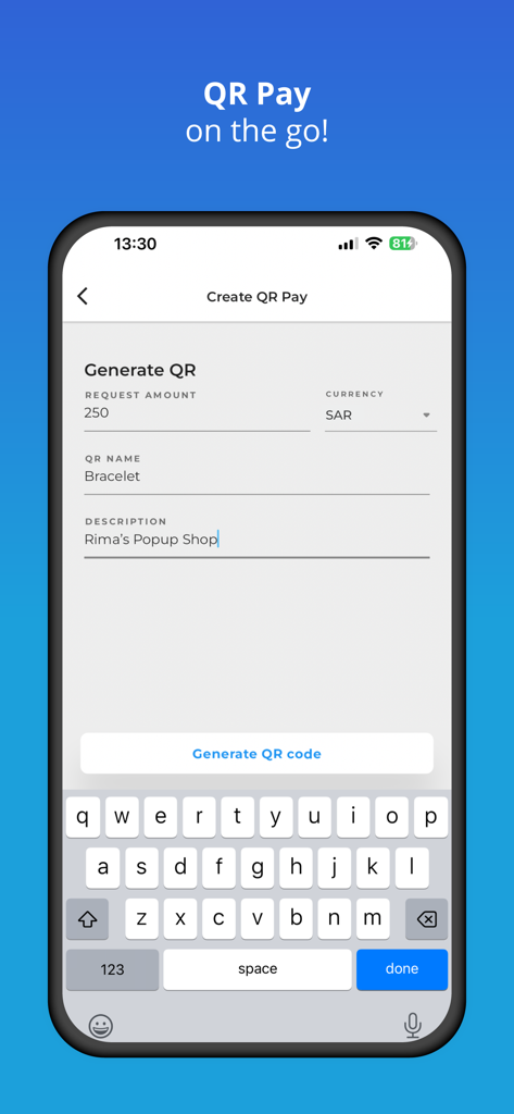 PayTabs - PayTabs mobile app interface for generating a QR code to accept payments on the go