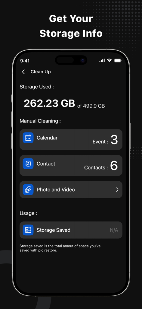 File Recovery - Photo Recovery - Pantalla de la aplicación de iPhone que muestra 262 gigabytes de almacenamiento utilizado con opciones para la limpieza manual de eventos del calendario y contactos