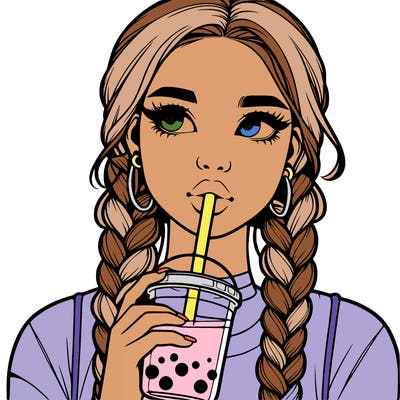 realistic girl with braided hair drinking boba