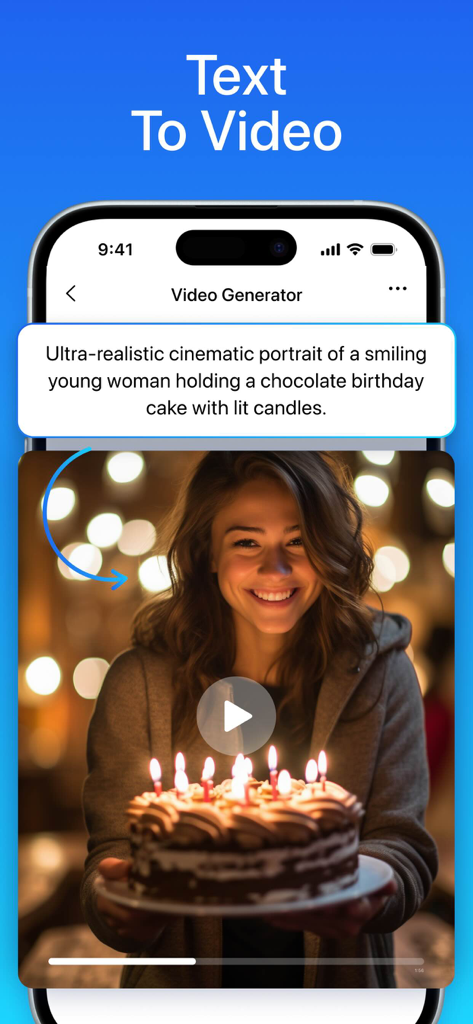 Mary AI Video Image Generator - Mary AI mobile app interface showing a text to video generation of a woman holding a birthday cake