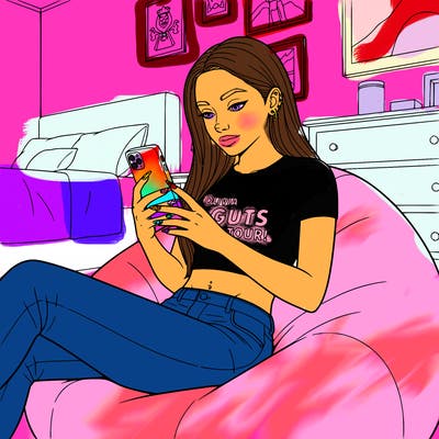 bedroom,  with teen girl sitting in a beanbag chair, phone, belly button piercing, lots of ear piercings, crop top that says olivia rodrigo guts tour! ,  nails, and long, smooth, hair