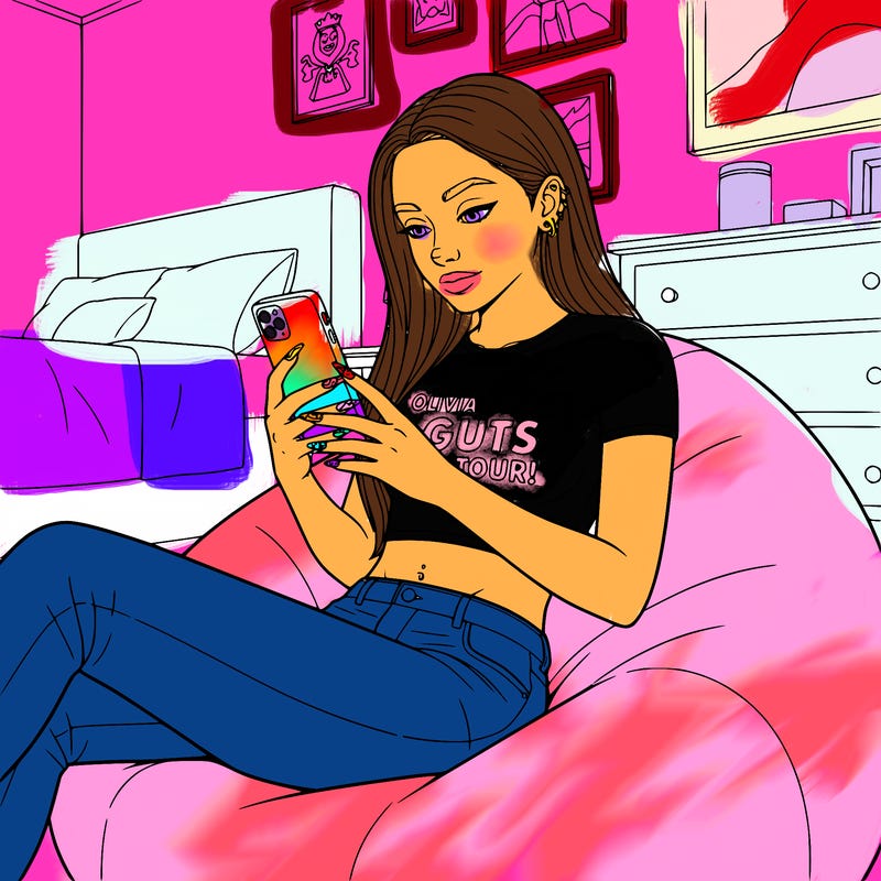 bedroom,  with teen girl sitting in a beanbag chair, phone, belly button piercing, lots of ear piercings, crop top that says olivia rodrigo guts tour! ,  nails, and long, smooth, hair