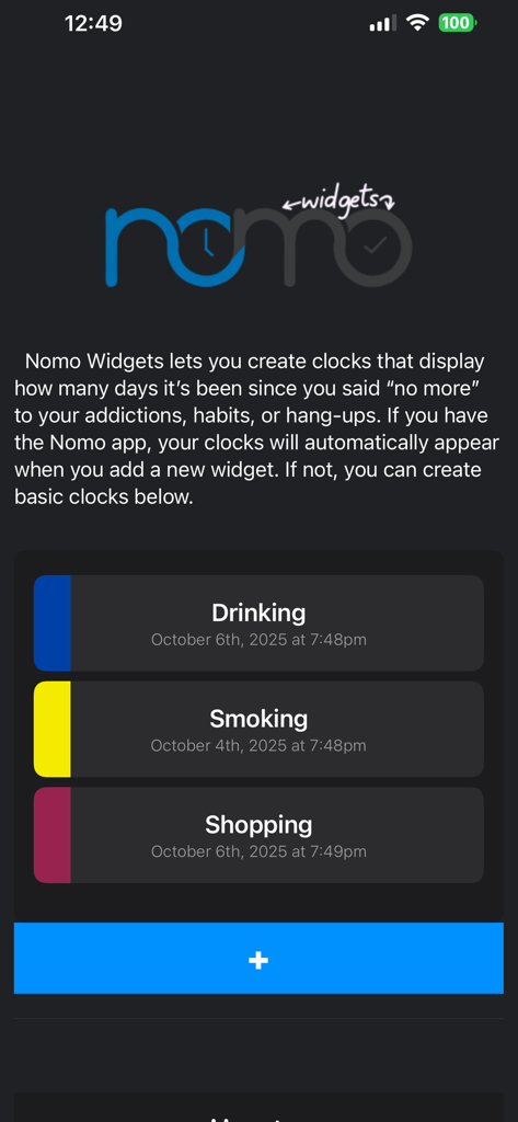 Nomo Widgets - Dashboard of the Nomo Widgets app showing sobriety clocks for tracking habits like drinking and smoking