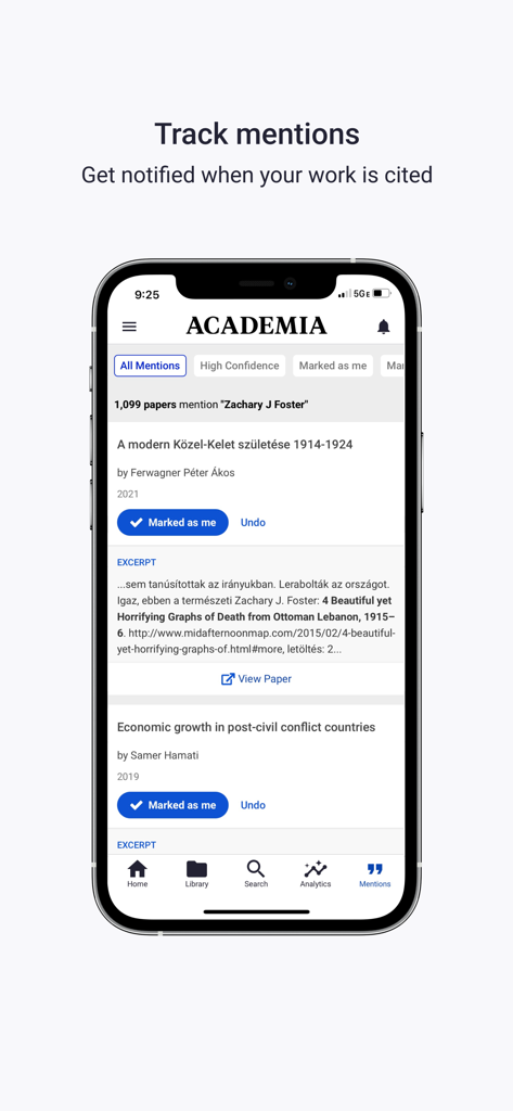 Academia.edu app screen showing the Track Mentions feature and citations notification