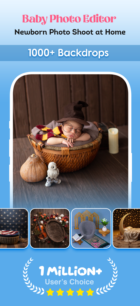 Baby Photo Editor & Story - Una captura de pantalla de la aplicación Baby Photo Editor que muestra una foto de recién nacido con temática de Harry Potter y varias opciones de fondos digitales para sesiones de fotos en casa.