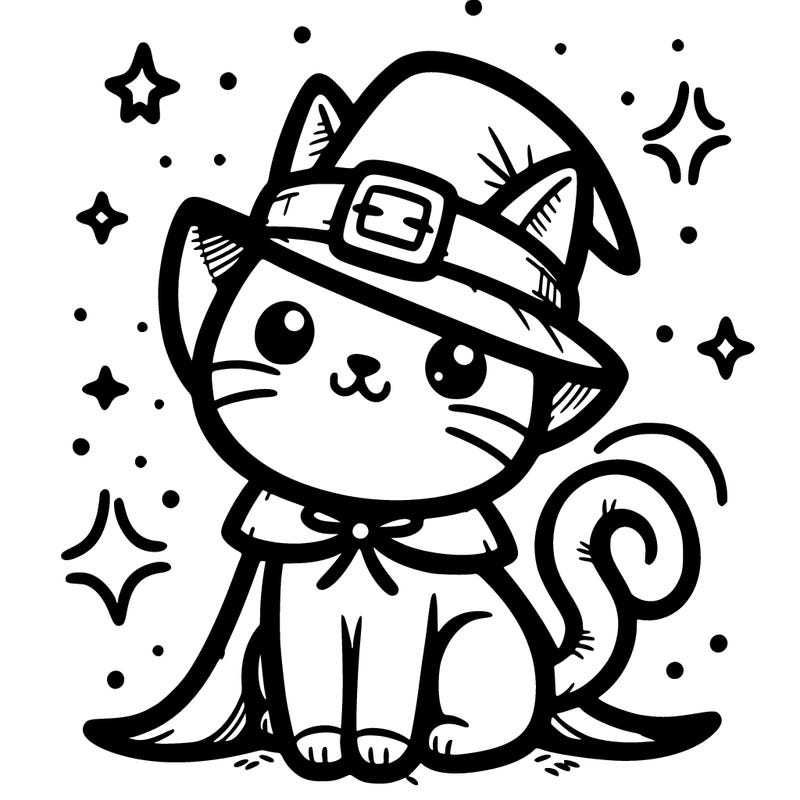 cat with witch hat and a witch suit