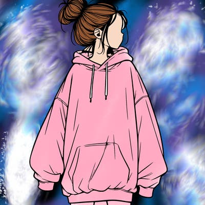 realistic girl with a oversized sweatshirt on and a bun
