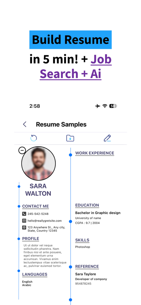 ResuME Maker - CV Jobs Builder - Mobile app interface of ResuME Maker showing a professional resume template with sections for profile, skills, and work experience.