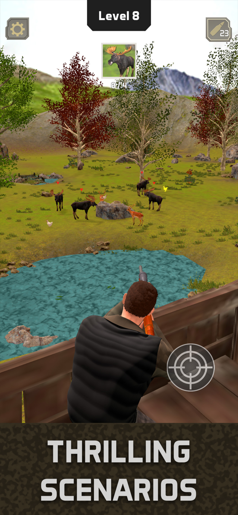 A marksman aiming a rifle at moose and deer in a 3D wilderness hunting simulation