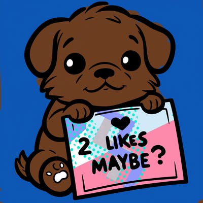 a puppy holding a sign that says 2 likes maybe?