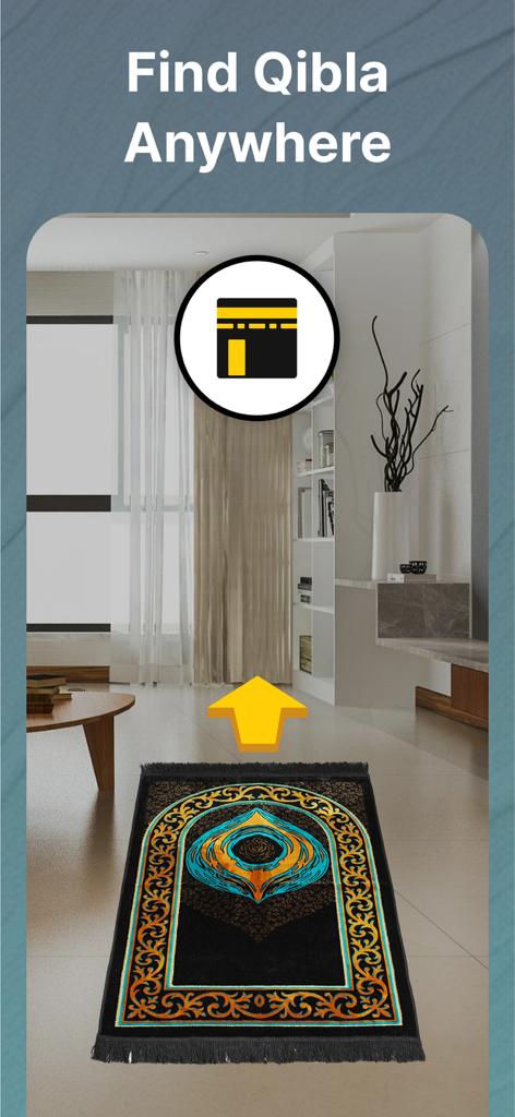 Vista AR que muestra la dirección de la Qibla con una alfombra de oración y un icono de la Kaaba en una habitación