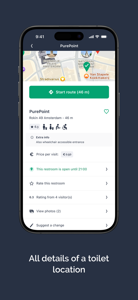 HogeNood - find toilets - Mobile app screen displaying comprehensive restroom details including map distance accessibility icons and user ratings