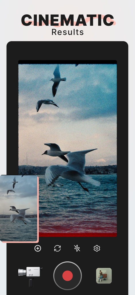 reFilm: Vintage Camera Filters - A screenshot of the reFilm app showing a cinematic vintage film filter applied to a video of seagulls over water