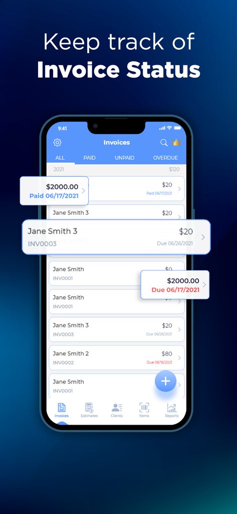 Simple Invoice & Receipt Maker - Pantalla de teléfono móvil que muestra el rastreador de estado de facturas con listas de pagos de clientes pagados y atrasados.