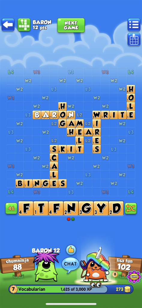 Word Chums! - A screenshot of Word Chums gameplay showing a crossword puzzle board with cute customizable avatars and player scores.