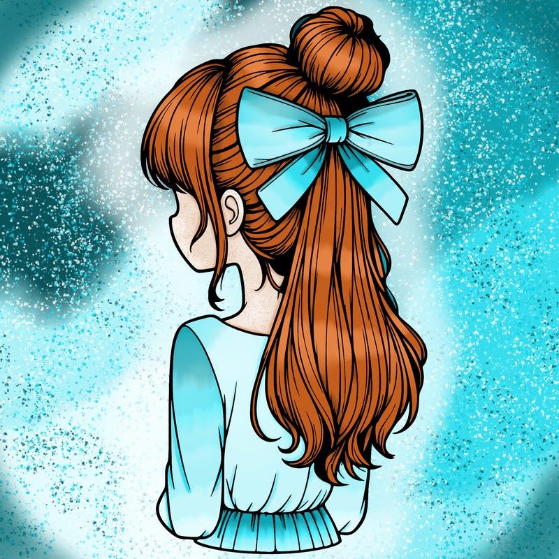 realistic girl  with hip length hair a bun and a big bow on the back of head
