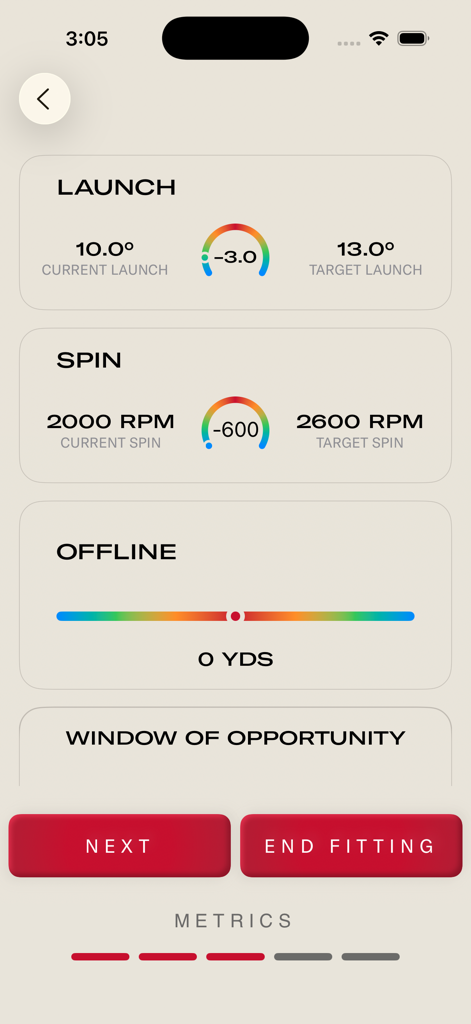 FiT ai: Wilson Club Fitting - Wilson FiT ai app dashboard showing golf launch and spin data with target comparisons
