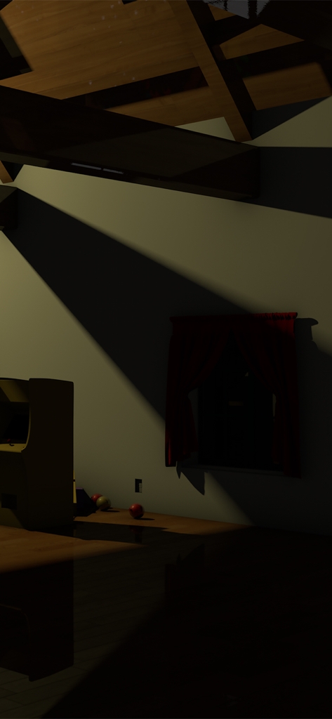 Interior view of a dark room with red curtains and wooden ceiling beams in Escape Game Christmas Eve.