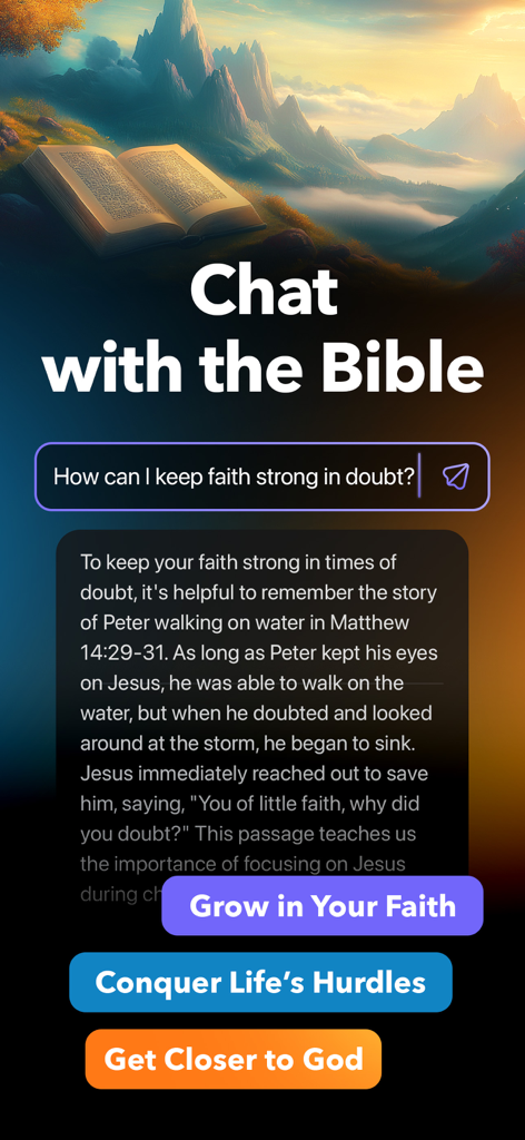 Faithe: Bible Study & Videos - Interfaz de la aplicación Faithe que muestra la función Chat con la Biblia respondiendo una pregunta sobre fe y duda.